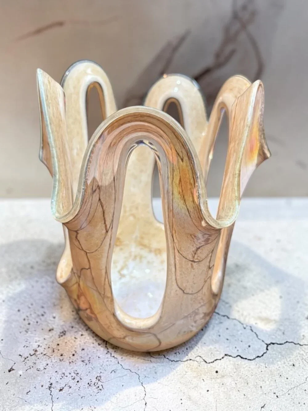 Art Glass Handkerchief Vase / candle holder, Krosno Makora Marbled Earthtone w/